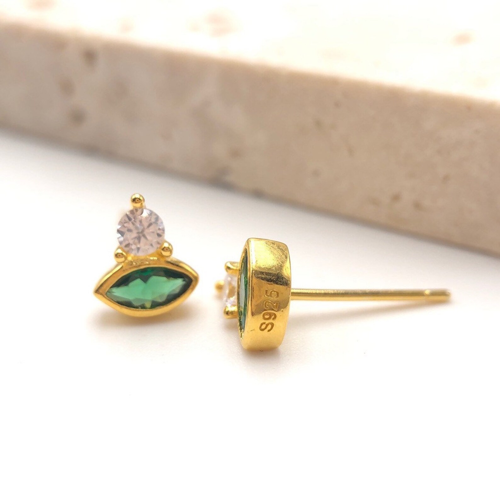 Tiny Emerald green stud Earrings Gold Green stone stud Etsy