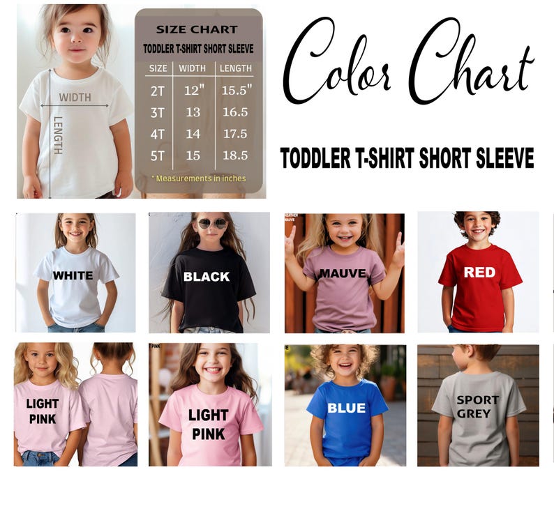 May include: A color chart for toddler short sleeve t-shirts. The chart includes a size guide with measurements in inches and examples of t-shirts in various colors: white, black, mauve, red, light pink, blue, and sport grey.