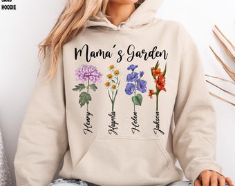 Sudadera con capucha personalizada "Mama's Garden" y sudadera con nombres de flores de nacimiento.