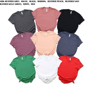 May include: Nine plain t-shirts in various colors, including dark heather grey, mauve, black, maroon, heather peach, heather navy, heather kelly green, white, and red.