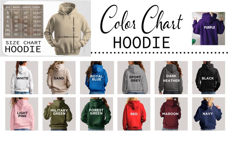 Puede incluir: Una carta de colores para sudaderas con capucha, con colores como blanco, arena, azul real, gris deportivo, gris oscuro, negro, rosa claro, verde militar, verde bosque, rojo, granate y marino. Tambi&eacute;n se incluye una tabla de tallas.