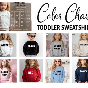 Puede incluir: Tabla de colores para sudaderas de cuello redondo para ni&ntilde;os peque&ntilde;os en varios colores, incluyendo blanco, negro, gris deportivo, natural, rosa claro, rojo, azul claro y marino. Tambi&eacute;n se incluye una tabla de tallas.