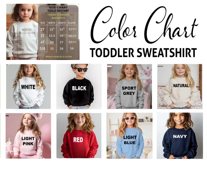 Puede incluir: Tabla de colores para sudaderas de cuello redondo para ni&ntilde;os peque&ntilde;os en varios colores, incluyendo blanco, negro, gris deportivo, natural, rosa claro, rojo, azul claro y marino. Tambi&eacute;n se incluye una tabla de tallas.