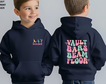 May include: Navy blue hoodie with a front design of gymnasts in yellow, teal, and pink, with the word "NAME" below. The back features the words "VAULT BARS BEAM FLOOR" in pink and teal, with hearts.