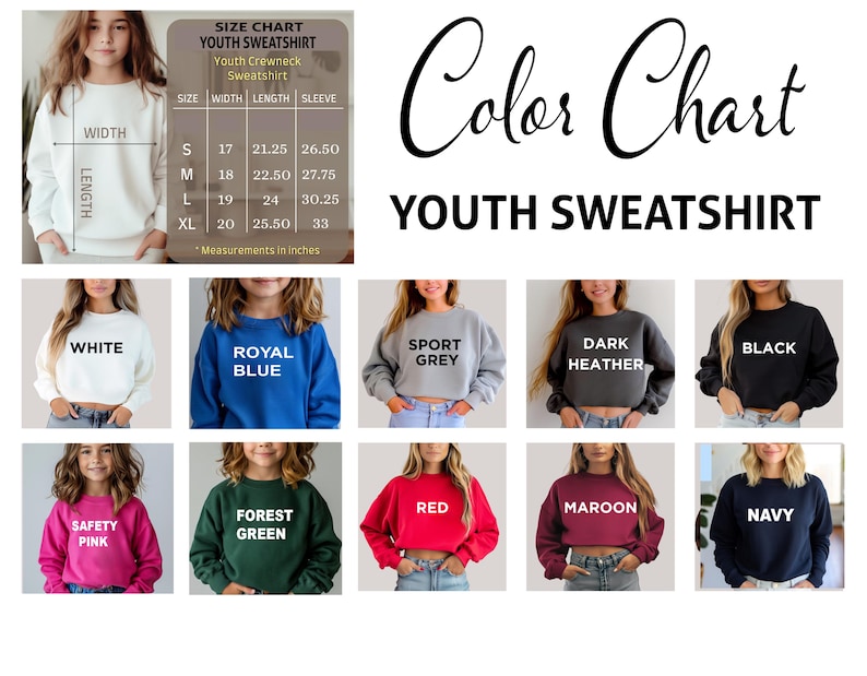 Puede incluir: Tabla de colores para sudaderas juveniles, con colores como blanco, azul real y negro. La imagen tambi&eacute;n muestra una tabla de tallas con medidas en pulgadas para las tallas S a XL. El texto "Youth Sweatshirt" es visible.