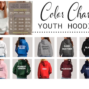 Puede incluir: Una tabla de colores para sudaderas con capucha juveniles, con colores como blanco, azul real, gris deportivo, gris oscuro, negro, rosa claro, verde bosque, rojo, granate y azul marino. Incluye una gu&iacute;a de tallas con medidas en pulgadas.