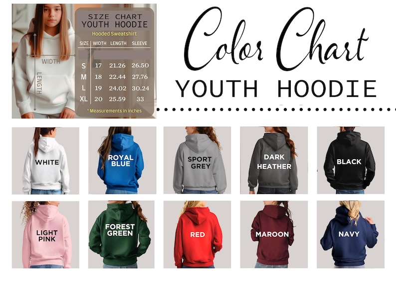 Puede incluir: Una tabla de colores para sudaderas con capucha juveniles, con colores como blanco, azul real, gris deportivo, gris oscuro, negro, rosa claro, verde bosque, rojo, granate y azul marino. Incluye una gu&iacute;a de tallas con medidas en pulgadas.