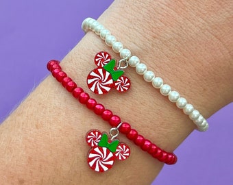 Peppermint Minnie Mouse Pearl Beaded Bracelet