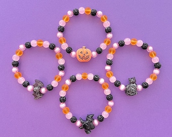 Pink Halloween Pumpkin Witch Glitter Bat Glitter Cat BubbleYay Beaded Bracelets