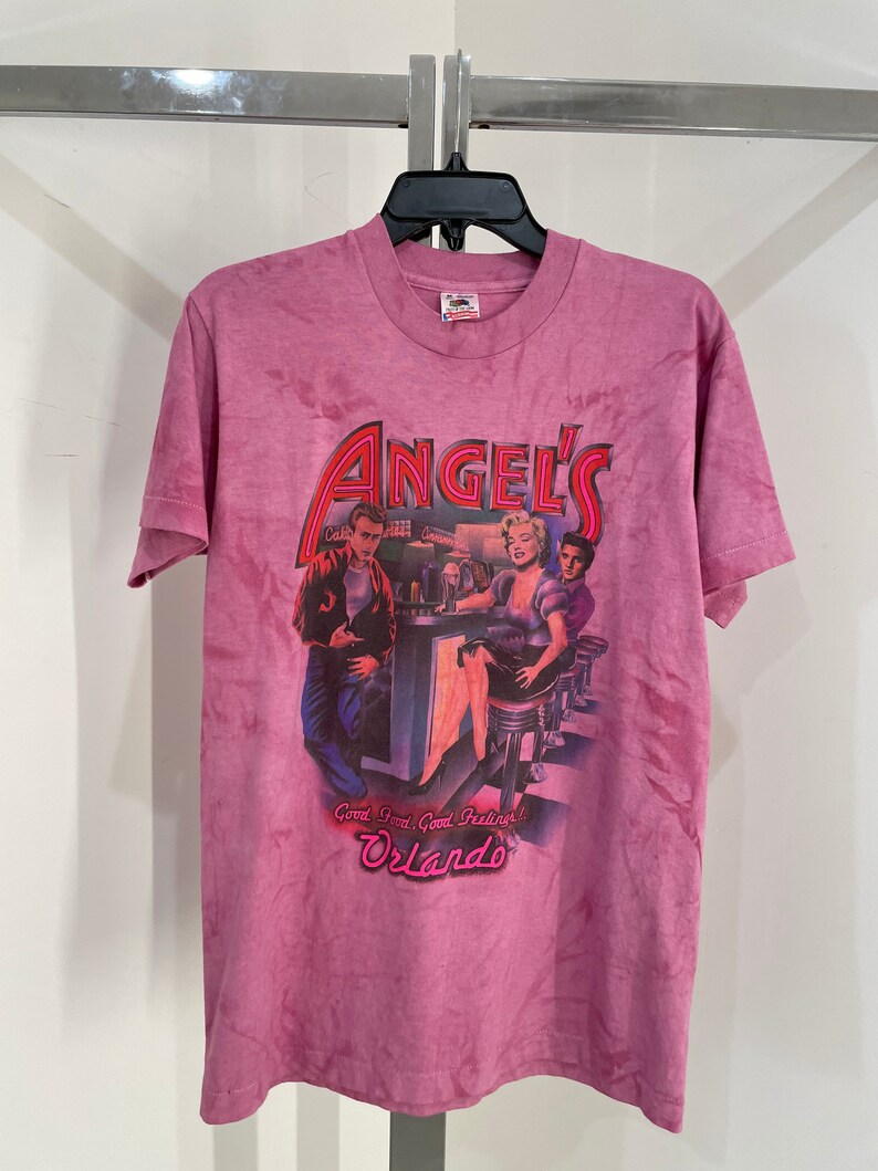 Vintage 90\u2019s fruit of the loom Angels Orleans James dean Marilyn Monroe Elvis Presley hand dyed fuchsia pink Single stitched M