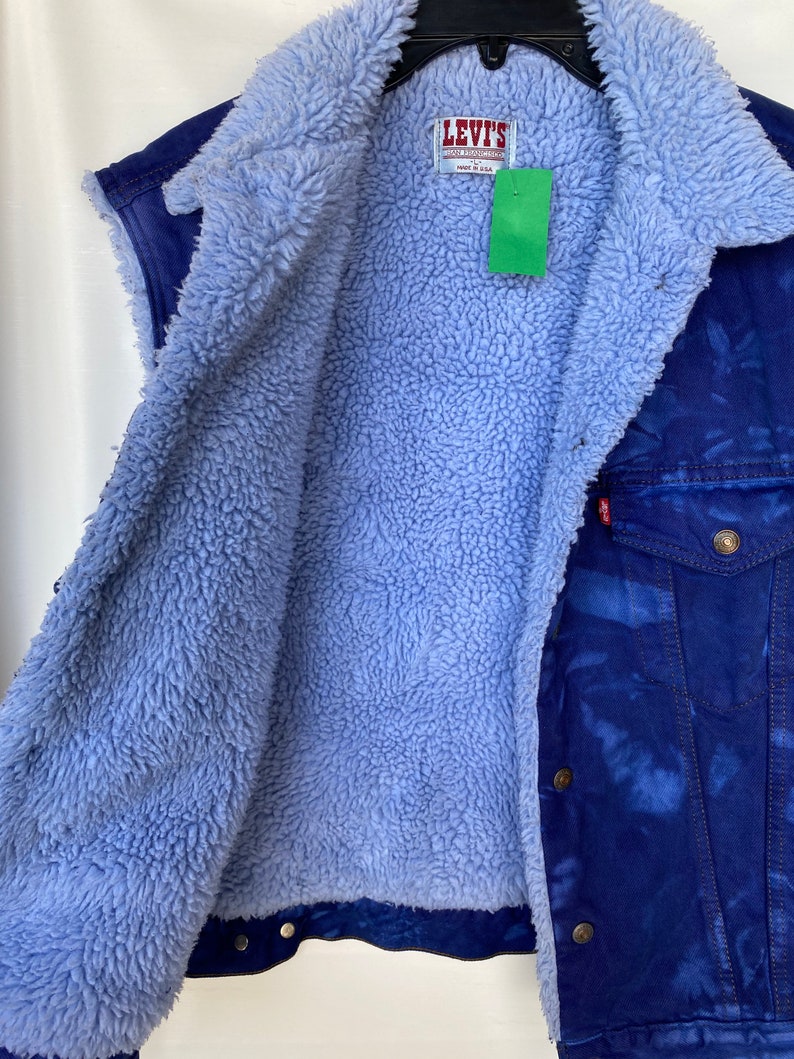 Vintage Levi\u2019s Sherpa lined denim vest Custom made /& Hand dyed Large