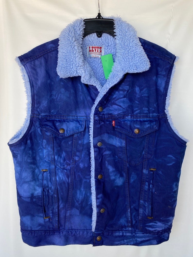 Vintage Levi\u2019s Sherpa lined denim vest Custom made /& Hand dyed Large