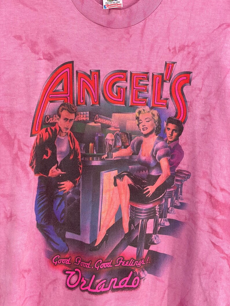 Vintage 90\u2019s fruit of the loom Angels Orleans James dean Marilyn Monroe Elvis Presley hand dyed fuchsia pink Single stitched M