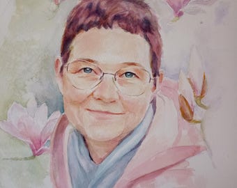 Custom Watercolor Portrait, Handmade Paper, Floral Elements, Mother's Day Gift