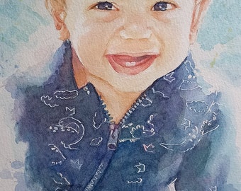 Handmade Watercolor Child Portrait, Custom Baptism Gift