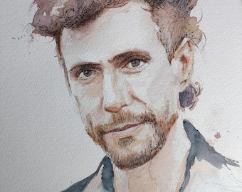 Hand-Painted Ink and Watercolor Portrait: Stylized Custom Artwork on Paper
