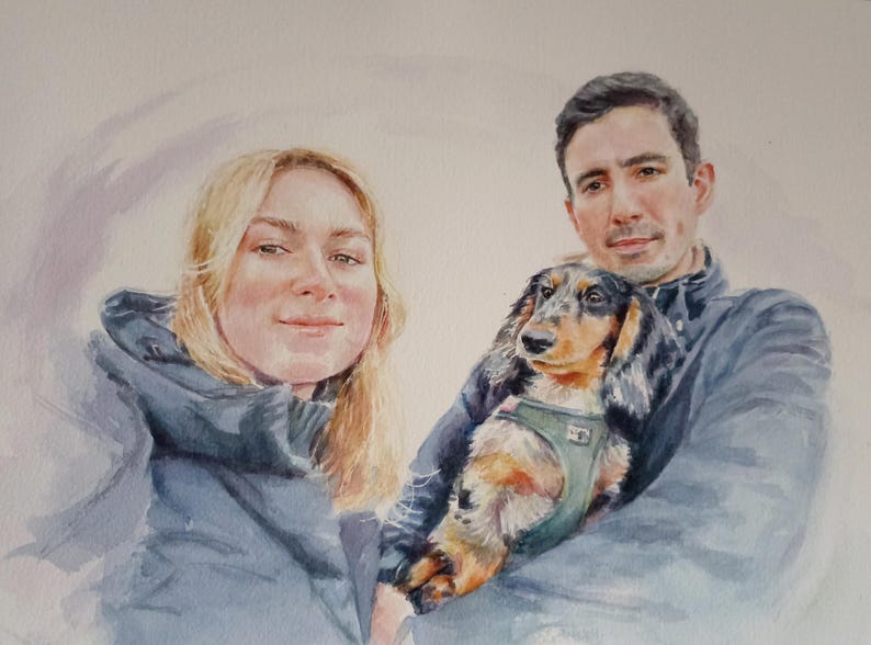 Handmade Watercolor Family Portrait, Custom Pet Portrait, Anniversary Gift 3