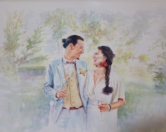 Custom Watercolor Couple Portrait, Wedding Anniversary Gift, Hand-Painted Love Story