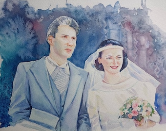 Portrait personnalisé à l'aquarelle. Portrait de mariés, cadeau anniversaire de mariage, portrait de couple. Portrait d'amoureux.
