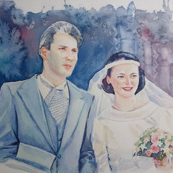 Portrait personnalisé à l'aquarelle. Portrait de mariés, cadeau anniversaire de mariage, portrait de couple. Portrait d'amoureux.