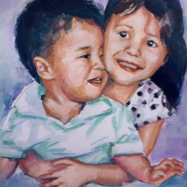 Portrait personnalisé famille, bébé , être chère peint à la gouache sur papier A3 et A4 , D'après photo.