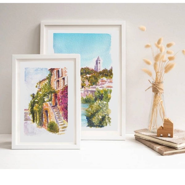 Set di illustrazioni imprimable Aquarelle, illustrazione Beau Village, Cartes postales de Provence, decorazione murale salon affiche numérique