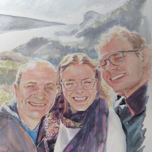Aquarelle de famille sur format A3 réalisée à partir d'une seule photo avec l'arrière plan.