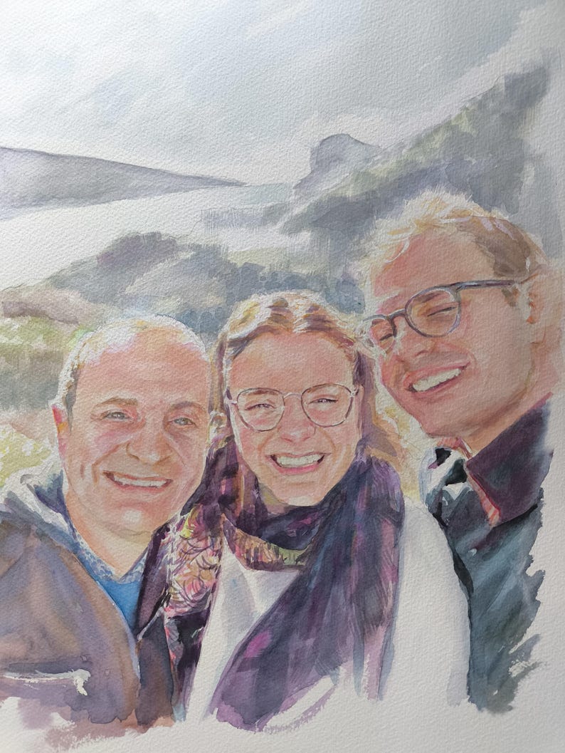 Aquarelle de famille sur format A3 réalisée à partir d'une seule photo avec l'arrière plan.
