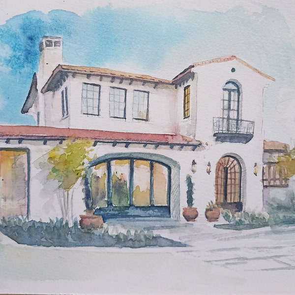 Portrait de maison personnalisé à l'aquarelle sur papier fait à la main.