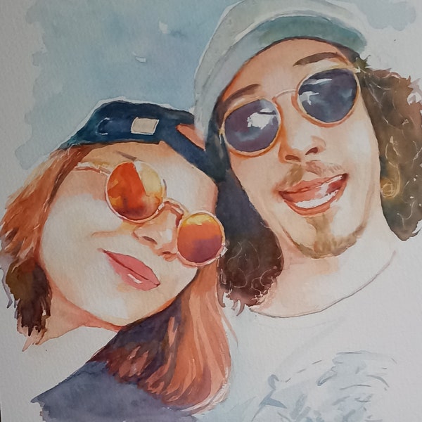 Portrait personnalisé à l'aquarelle. Portrait de mariés, cadeau anniversaire de mariage, portrait de couple. Portrait d'amoureux.