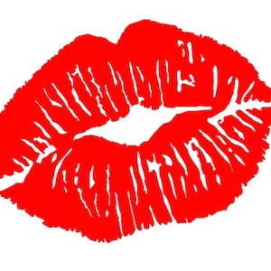 Pode incluir: Uma marca de beijo de batom vermelho em um fundo branco.