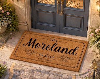 Botanical Arch Heart Accent – Personalised Family Doormat | Custom Surname Coir Mat | Housewarming Gift