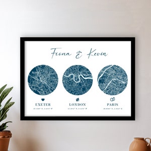 Aangepaste kaartafdruk met drie locaties, gepersonaliseerd huwelijkscadeau, gepersonaliseerd kunstwerk voor woondecoratie, huwelijksverjaardag, kaartafdruk, cadeau stel