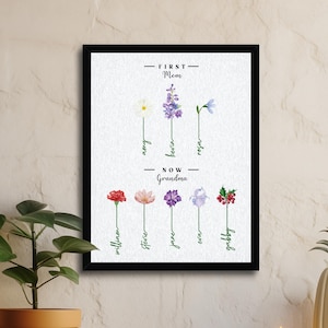 Impression personnalisée de fleurs de naissance - cadeau personnalisé pour nounou, grand-mère, grand-mère, art mural floral, cadeau de fête des mères pour grand-mère