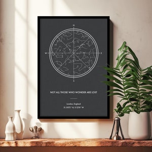 Cartel de la estrella de la brújula, impresión personalizada del mapa del cielo nocturno, regalo de aniversario, regalo de pareja, regalos para él, regalos para ella, mapa estelar del cielo, estrella del mapa
