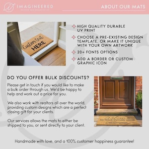 May include: A promotional image for custom doormats. The image shows two doormats with text, one reading "Custom text HERE" and the other "Welcome to your future home". The image also highlights features like UV printing, design templates, font options, and custom graphics.