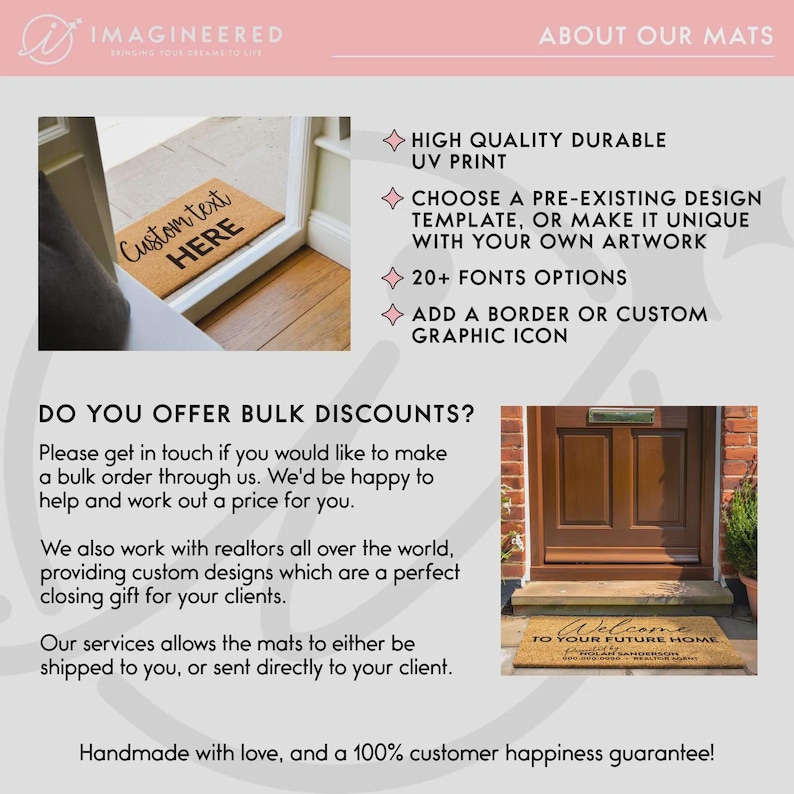 May include: A promotional image for custom doormats. The image shows two doormats with text, one reading "Custom text HERE" and the other "Welcome to your future home". The image also highlights features like UV printing, design templates, font options, and custom graphics.
