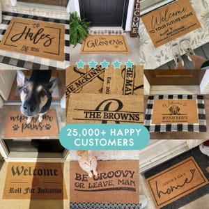 a collage of door mats with a dog in the middle
