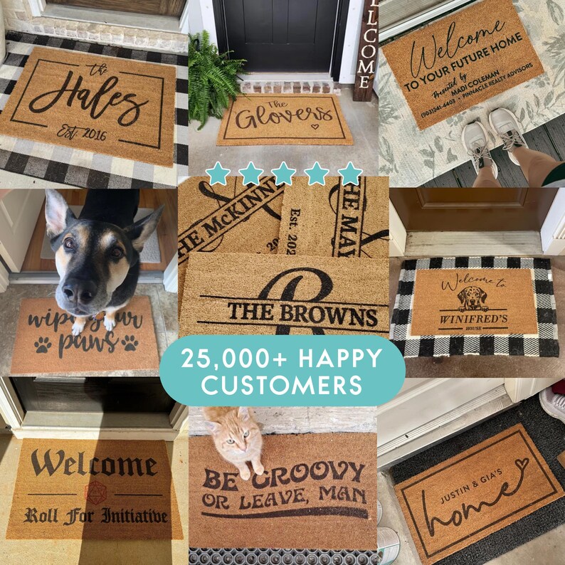a collage of door mats with a dog in the middle