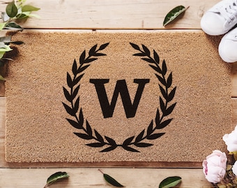 Wreath Custom Name Initial Doormat - Personalized Bold Doormat - Customized Leaf Welcome Mat - Floral - Cute Home Decor
