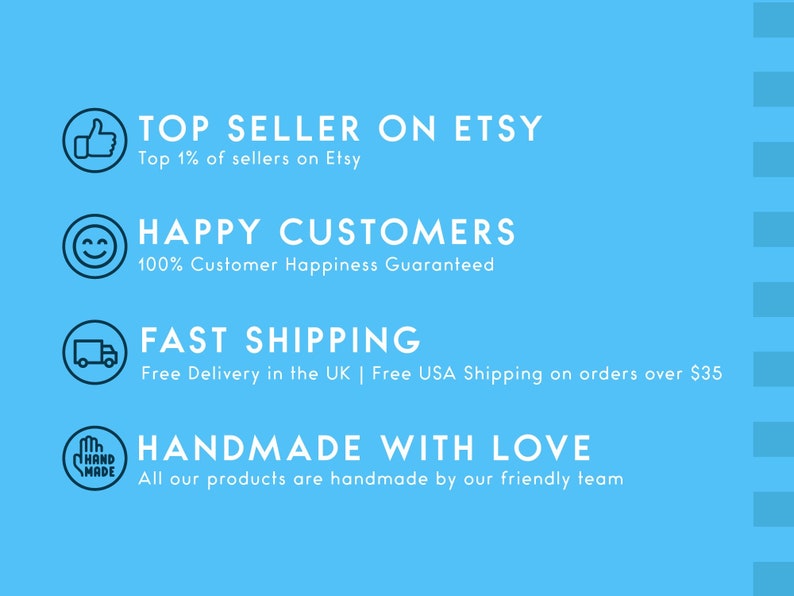 May include: A blue graphic with white text highlighting the benefits of shopping with a seller on Etsy. The graphic includes icons for a thumbs up, a smiley face, a delivery truck, and a hand-made symbol. The text reads: "Top Seller on Etsy, Top 1% of sellers on Etsy", "Happy Customers, 100% Customer Happiness Guaranteed", "Fast Shipping, Free Delivery in the UK | Free USA Shipping on orders over $35", "Handmade with Love, All our products are handmade by our friendly team."