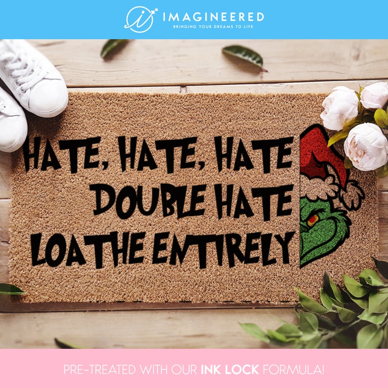 a door mat with the words hate hate hate dobble hate loathe entirely