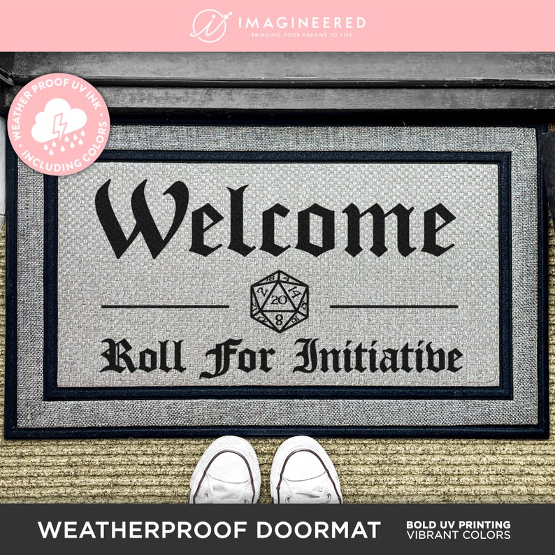 a welcome mat with a pair of white shoes on it