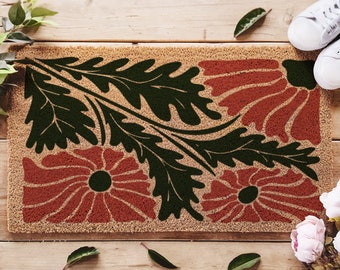 Capacho floral de meados do século com inspiração vintage, tapete de entrada floral chique de meados do século, desenhos de flores coloridas