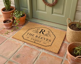 Custom Initial Doormat – Formal Initial Arch Frame Border | Personalised Monogram Coir Mat | Housewarming Gift