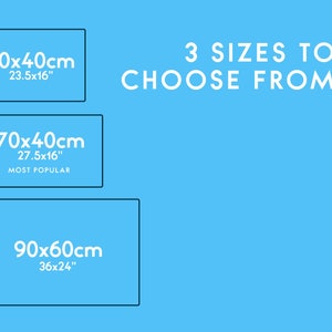May include: Three different sizes of a rectangular canvas print are shown. The sizes are 60x40cm (23.5x16 inches), 70x40cm (27.5x16 inches), and 90x60cm (36x24 inches). The text "3 SIZES TO CHOOSE FROM" is displayed above the canvas sizes.