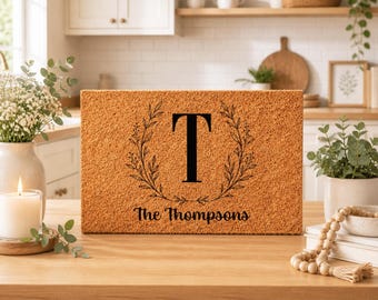 Bold Initial Laurel Wreath Script – Custom Monogram Welcome Mat | Initial Coir Doormat | New Home Gift