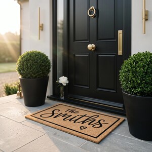 May include: A rectangular doormat with the text "The Smiths" in black script, with a small heart symbol. The mat is on a stone patio in front of a black door with gold hardware. Two potted green shrubs flank the door.