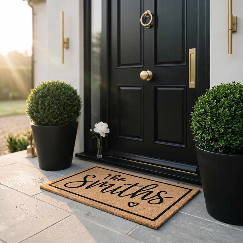 May include: A rectangular doormat with the text "The Smiths" in black script, with a small heart symbol. The mat is on a stone patio in front of a black door with gold hardware. Two potted green shrubs flank the door.