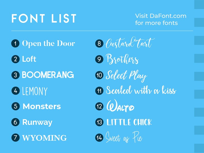 May include: A blue background with a white list of 14 different fonts. The list is numbered 1 through 14 and each font is displayed with a sample text.